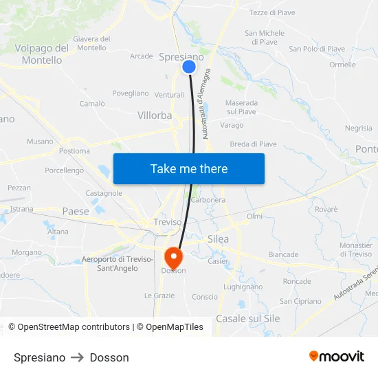 Spresiano to Dosson map