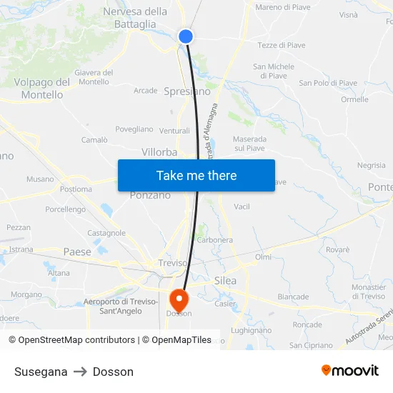 Susegana to Dosson map