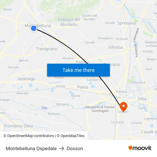 Montebelluna Ospedale to Dosson map