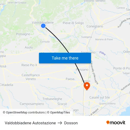 Valdobbiadene Autostazione to Dosson map