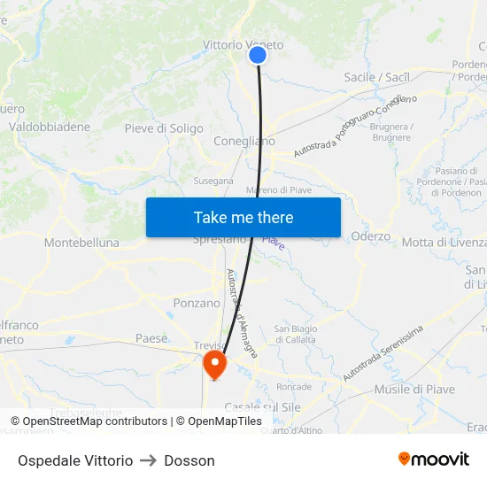 Vittorio Hospital to Dosson map