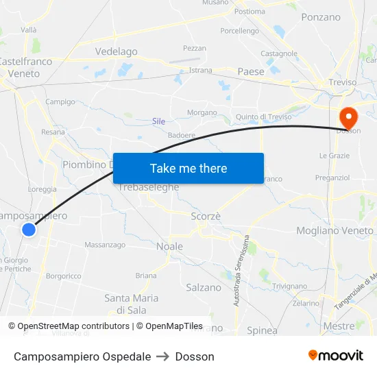 Camposampiero Hospital to Dosson map