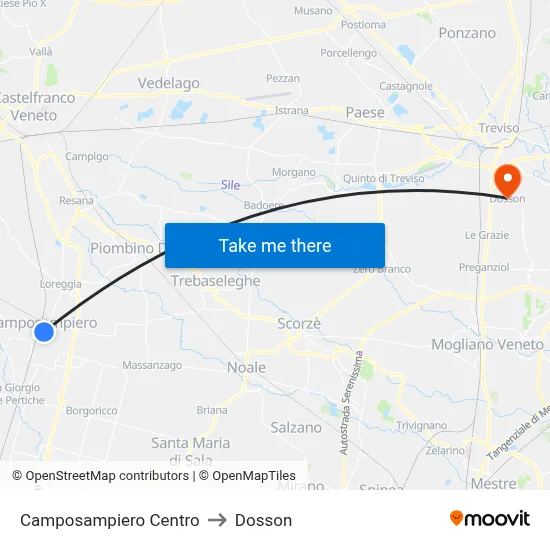 Camposampiero Center to Dosson map