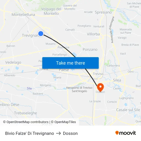 Bivio Falze' Di Trevignano to Dosson map