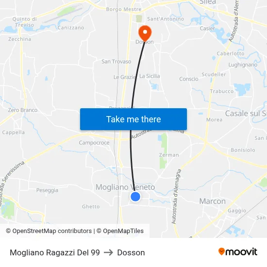Mogliano Boys of '99 to Dosson map