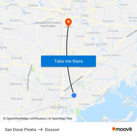 San Dona' Pineta to Dosson map