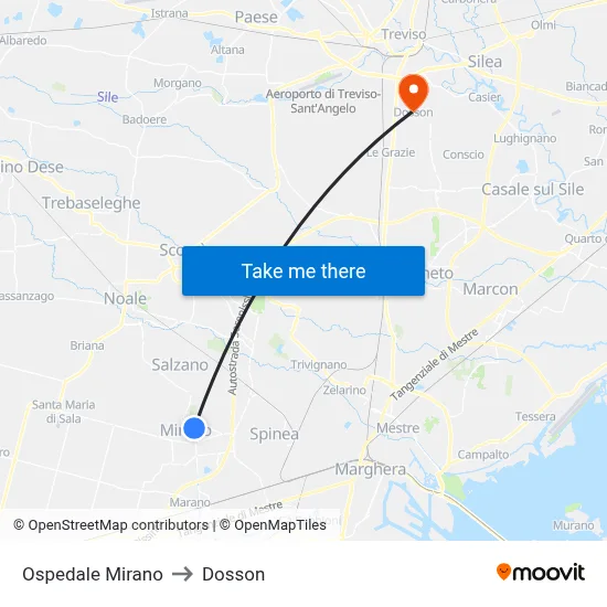 Mirano Hospital to Dosson map