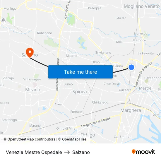 Venice Mestre Hospital to Salzano map