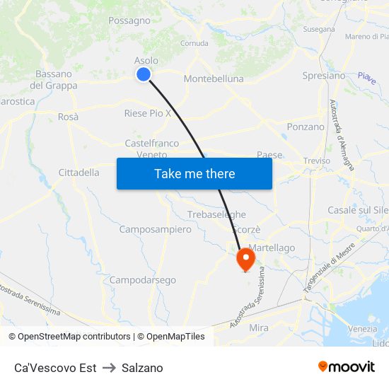 Ca'Vescovo Est to Salzano map