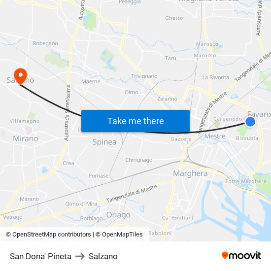 San Dona' Pineta to Salzano map