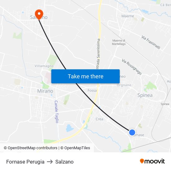 Fornase Perugia to Salzano map
