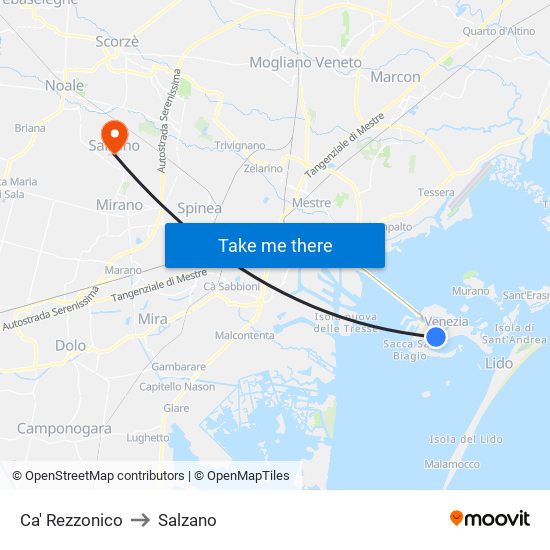 Ca' Rezzonico to Salzano map