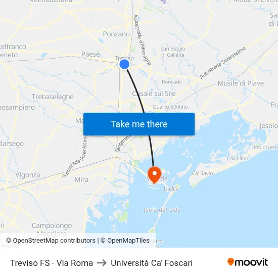 Treviso FS - Via Roma to Ca' Foscari University map