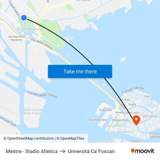 Mestre - Stadio Atletica to Università Ca' Foscari map