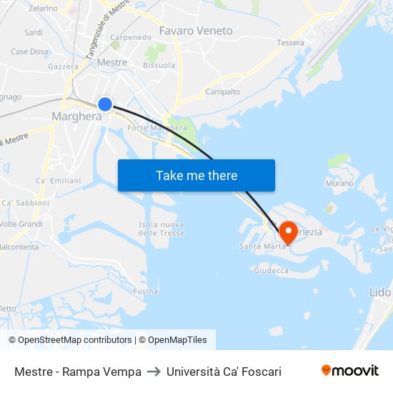 Mestre - Rampa Vempa to Università Ca' Foscari map