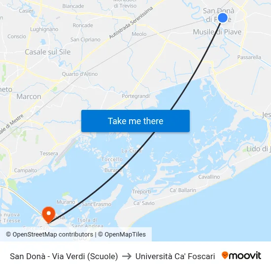 San Donà - Via Verdi (Schools) to Ca' Foscari University map