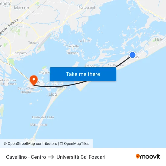 Cavallino - Center to Ca' Foscari University map