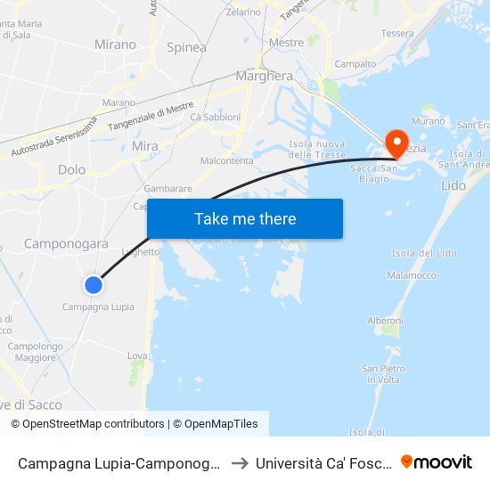 Campagna Lupia-Camponogara to Università Ca' Foscari map