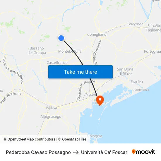 Pederobba Cavaso Possagno to Ca' Foscari University map
