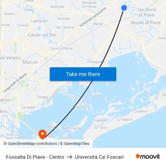 Fossalta Di Piave - Centro to Ca' Foscari University map