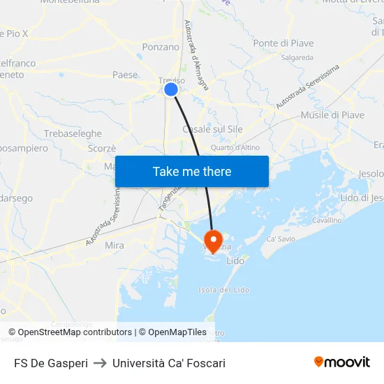 FS De Gasperi to Università Ca' Foscari map