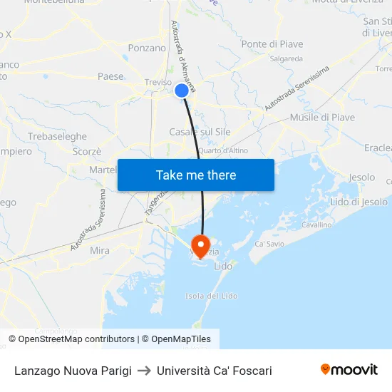 Lanzago New Paris to Ca' Foscari University map