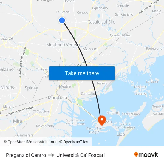 Preganziol Center to Ca' Foscari University map