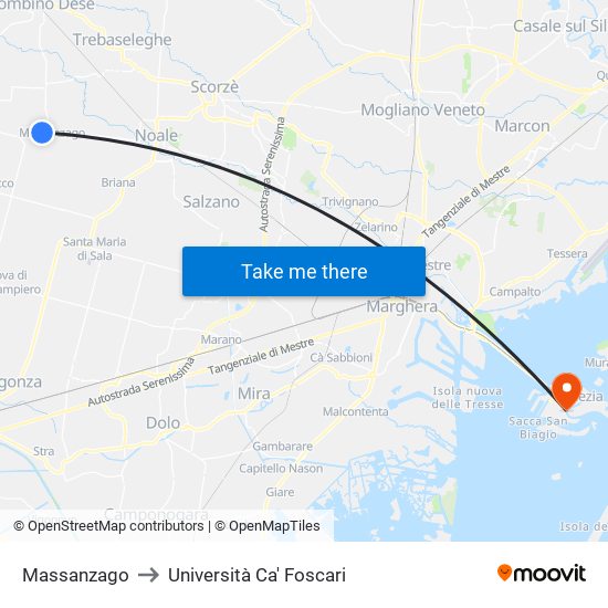 Massanzago to Università Ca' Foscari map