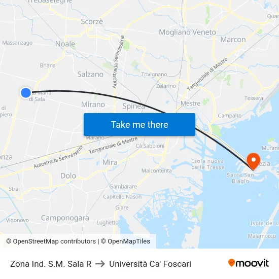 Industrial Zone S.M. Sala R to Ca' Foscari University map