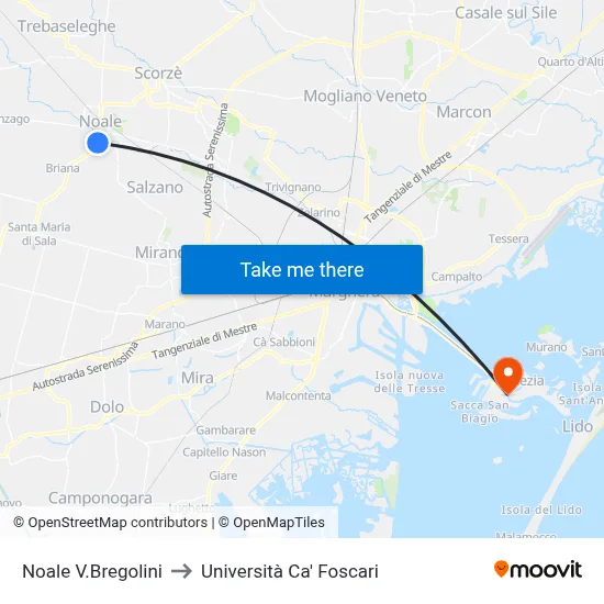 Noale V.Bregolini to Università Ca' Foscari map