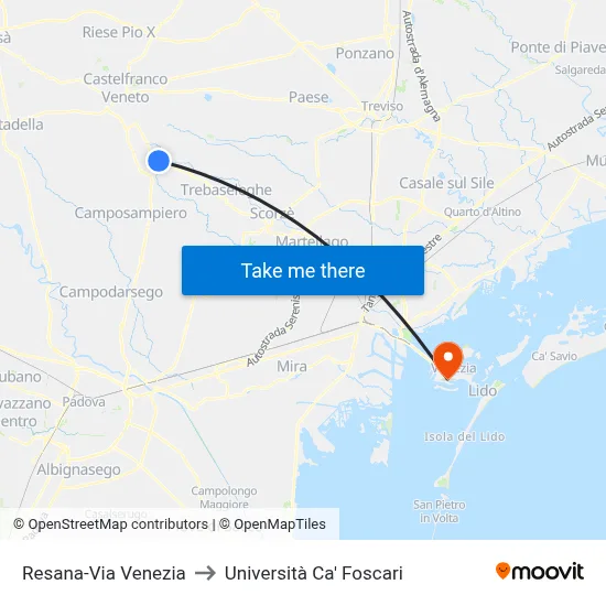 Resana-Via Venezia to Università Ca' Foscari map
