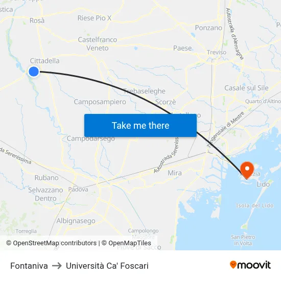 Fontaniva to Università Ca' Foscari map