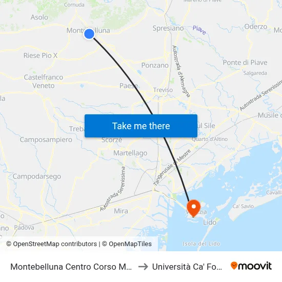 Montebelluna Center Corso Mazzini to Ca' Foscari University map