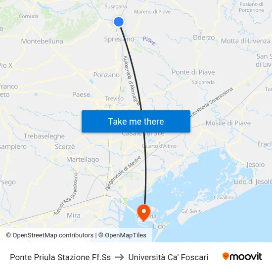 Ponte Priula Stazione Ff.Ss to Università Ca' Foscari map