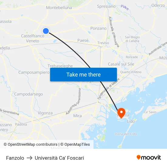 Fanzolo to Ca' Foscari University map