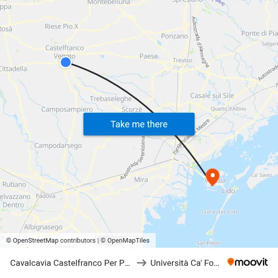 Castelfranco Overpass To Padova to Ca' Foscari University map