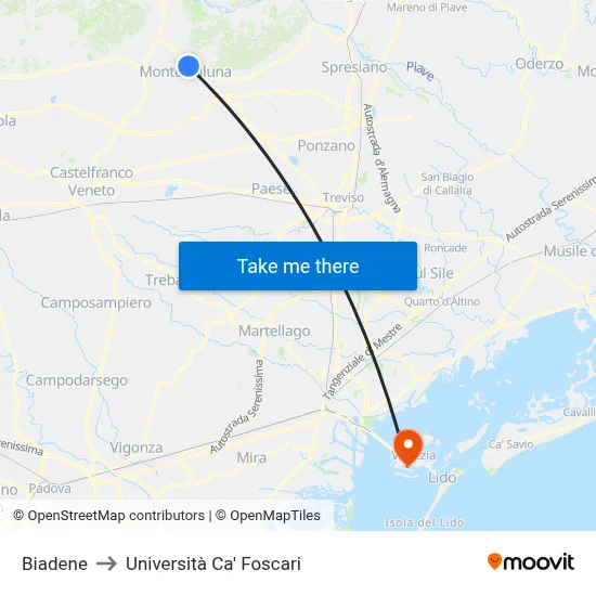 Biadene to Ca' Foscari University map