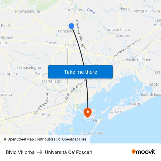 Villorba Junction to Ca' Foscari University map