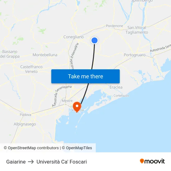 Gaiarine to Università Ca' Foscari map