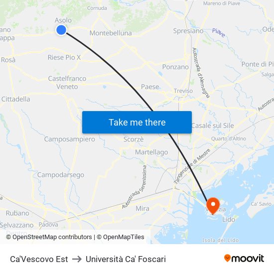 Ca'Vescovo Est to Università Ca' Foscari map