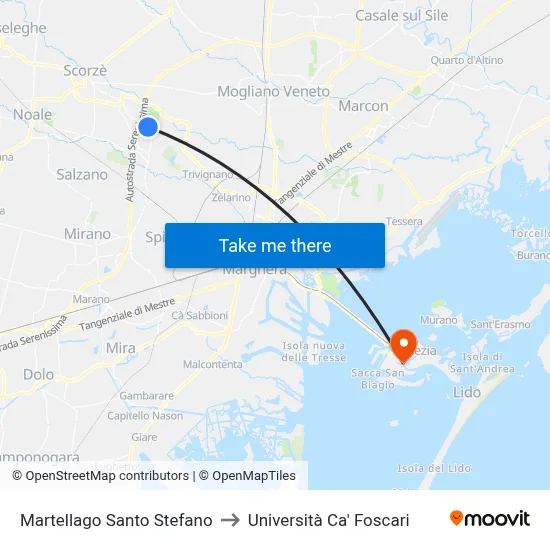 Martellago Santo Stefano to Ca' Foscari University map