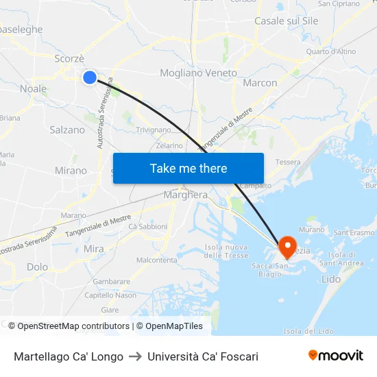 Martellago Ca' Longo to Ca' Foscari University map
