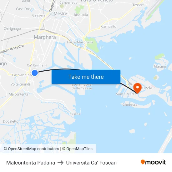 Malcontenta Padana to Ca' Foscari University map