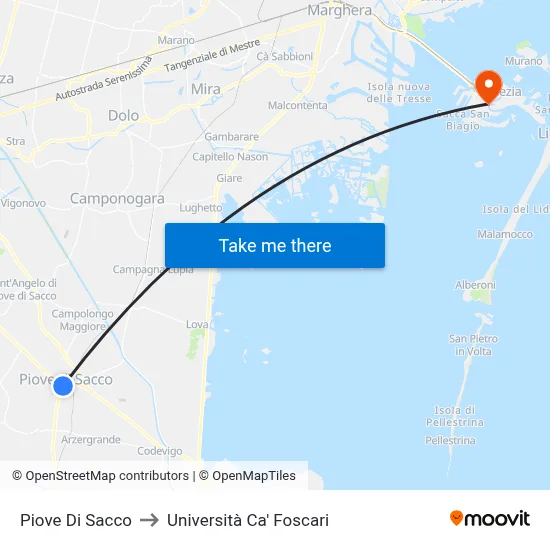 Piove Di Sacco to Ca' Foscari University map