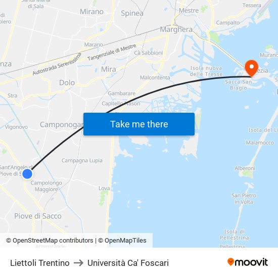 Liettoli Trentino to Università Ca' Foscari map