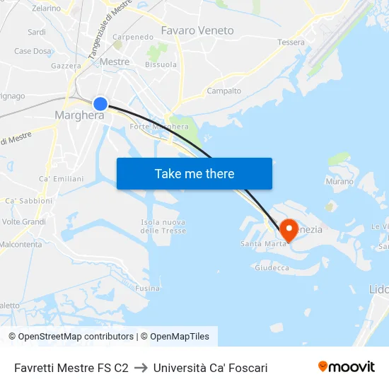 Favretti Mestre FS C2 to Università Ca' Foscari map