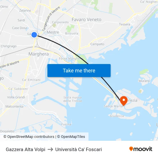 Gazzera Alta Volpi to Università Ca' Foscari map