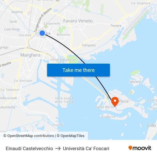 Einaudi Castelvecchio to Ca' Foscari University map