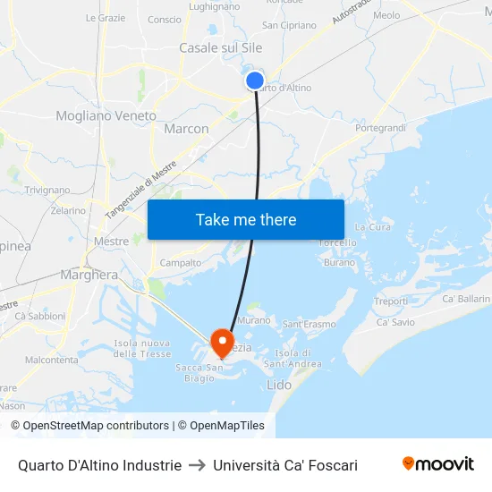 Quarto D'Altino Industrie to Università Ca' Foscari map