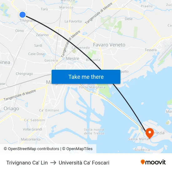 Trivignano Ca' Lin to Università Ca' Foscari map
